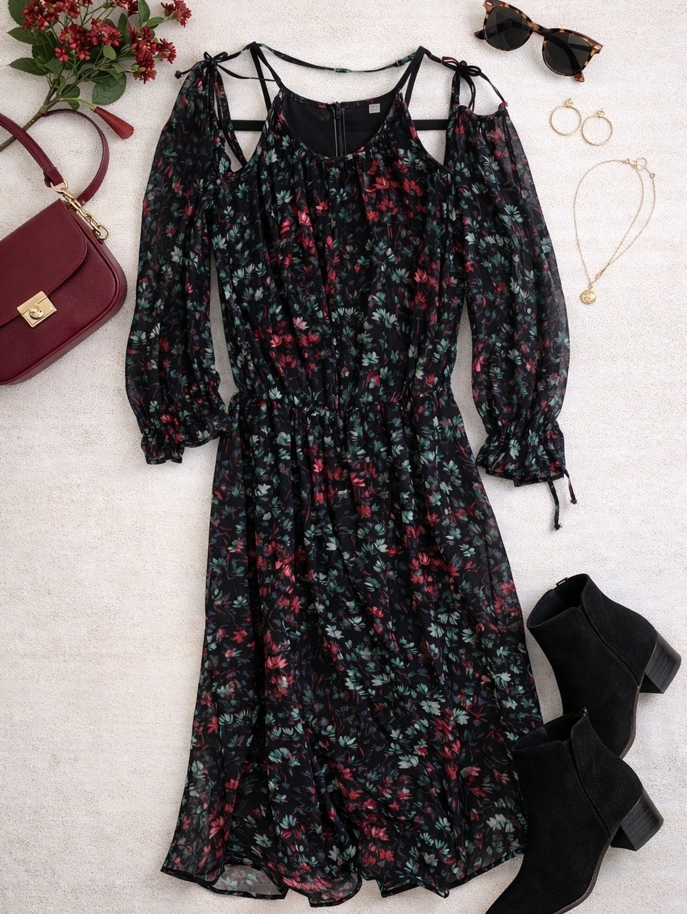 1. State Black Floral Cold-Shoulder Midi Poly Scarfy LINED. NWOT SMALL